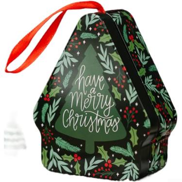 Imagem de Caixa de presente de folha de flandres de Natal com alça portátil, formato de polígono e estampas de desenhos animados festivos para decoração de férias e armazenamento de presentes, vermelha, 10 x 8