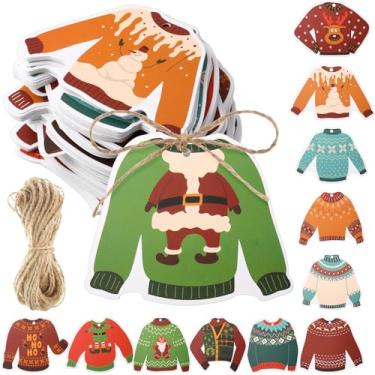 Imagem de Spiareal 120 etiquetas de presente de papel de Natal com cordão de 8,89 cm bonito suéter feio engraçado etiqueta de inverno para guloseimas saco árvore de natal lembrancinha de festa de Natal DIY