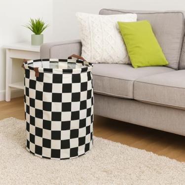 Imagem de Cesto Organizador Infantil com Estampa de Dinossauros, 60L, Impermeável, Dobrável, Redondo, 40x50cm, para Brinquedos e Roupas, em Poliéster e Algodão (Xadrez)