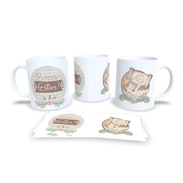 Imagem de Caneca Natalina Família Feliz, Porcelana Branca com Design Preto e Dourado, Decoração de Natal com Mensagem em Português (12795)