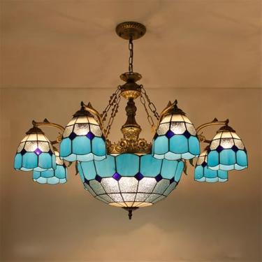 Imagem de Lustre de LED para sala de estar mediterrânea, estilo americano de luxo, ideal para restaurantes, quartos, vilas, hotéis, cafés e bares. Luminária pendente de vidro colorido (B 8 lâmpadas).