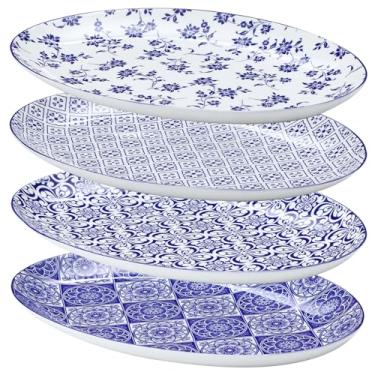 Imagem de LemonRoad Conjunto de 4 pratos de sobremesa de cerâmica, pratos de porcelana de 30,5 cm, pratos ovais azuis e brancos da China para cozinha, sanduíche de frutas, aperitivo para micro-ondas e