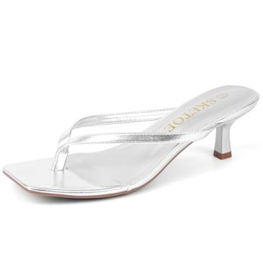 Imagem de SKETOE Sandálias femininas de salto gatinho com bico quadrado, chinelos de dedo quadrado, sandálias de salto confortável de verão de 5 cm, Prata, 35