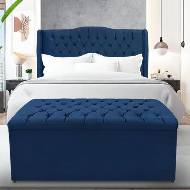 Imagem de Kit Cabeceira E Calçadeira Baú Dubai Casal 140 Cm - Veludo Azul