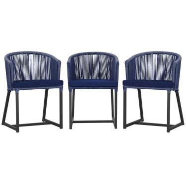 Imagem de 3 Cadeiras De Jantar Noronha Preta Corda Náutica E10 Trama Azul