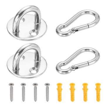 Imagem de PATIKIL M8 Ganchos de teto de aço inoxidável, placa de olho, 2 conjuntos de ganchos circulares pesados de ferragens marítimas com parafusos para redes, cadeiras suspensas, balanços, prata