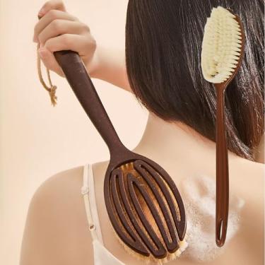 Imagem de Escova de banho com cerdas de sisal rígidas, cabo longo para esfregão de costas de chuveiro, esfoliante corporal, com gancho para pendurar (33,5 x 7 x 2,5 cm)