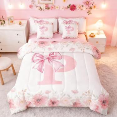 Imagem de Erosebridal Jogo de cama com laço de letra P para crianças, rosa, com laço, fofo, fantasia, princesa, decoração de quarto, romântico, flor, floral, conjunto de cama com lençol