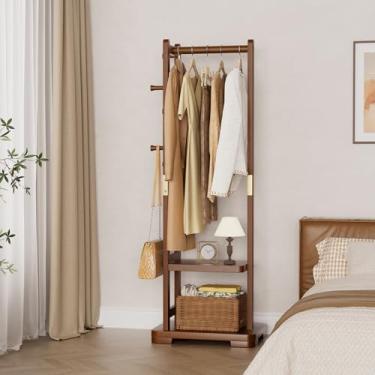Imagem de Cabideiro de madeira maciça com 2 prateleiras e 4 ganchos para pendurar roupas, carteiras de roupas, chapéus, cabideiro, corredor, árvore, para corredor, quarto, sala de estar