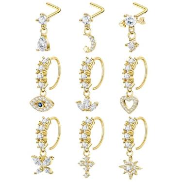 Imagem de NICEIGHT 9 peças 20G Anel de nariz com pingente de ouro de aço cirúrgico para mulheres e homens em forma de L pingente de nariz lua estrela indiano conjunto de argola de nariz CZ flor coração