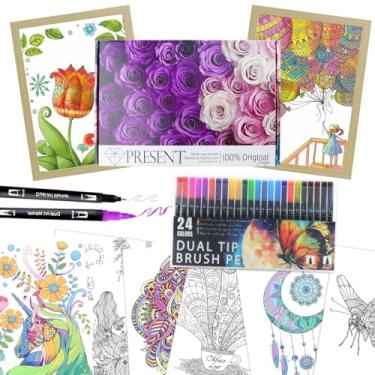 Imagem de Conjunto de colorir premium adulto, 12 peças de páginas para colorir premium com 24 marcadores de cores de ponta dupla e 2 peças de molduras de madeira, kits de pintura de arte mindfulness presentes