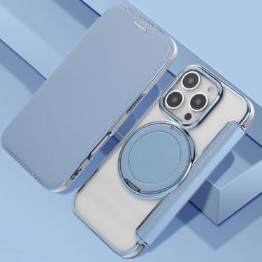 Imagem de IRTGFG Capa magnética com revestimento para iPhone 16e, com suporte giratório para carteira de couro e porta-cartões (para iPhone 16e/azul)