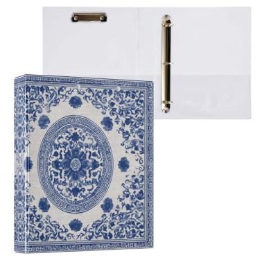 Imagem de Blueangle Fichário de 3 anéis estilo porcelana azul e branca com prancheta e 2 bolsos - Organizador de documentos decorativos de 3 cm para escritório, suprimentos para reuniões (300)