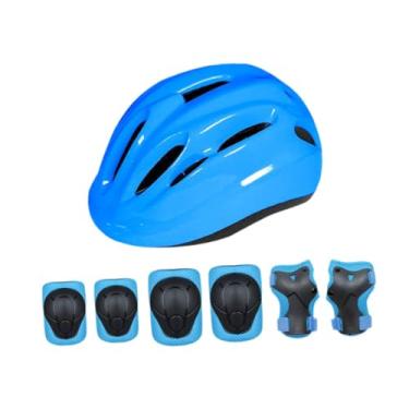 Imagem de menolana Capacete de bicicleta infantil com joelheiras, cotoveleiras, munhequeiras ajustáveis, confortáveis ​​e portáteis de 18,90 a 20,47 polegadas para skate, Azul