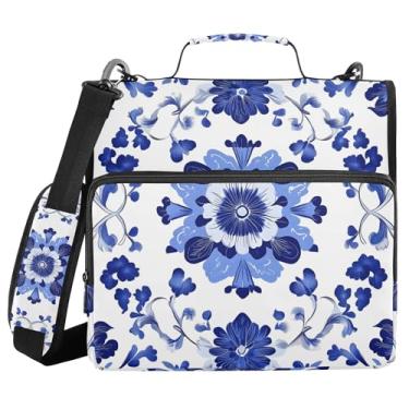 Imagem de SEHANY Fichário azul boêmio com zíper 3 anéis com alça de ombro, vários bolsos expansíveis pasta de arquivo organizador de bolsa