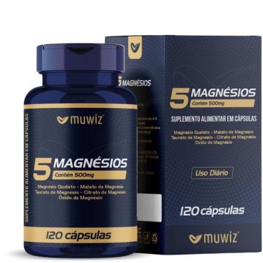 Imagem de 5 Magnésios - Mag Quelato, Taurato, Dimalato, Citrato, Óxido de Magnésio 120 cápsulas 500mg Muwiz-Unissex
