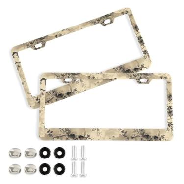 Imagem de SEHANY Molduras de placa de carro vintage rosa crânio, capas de alumínio à prova de ferrugem com furos elípticos e parafusos serve para veículos padrão dos EUA tamanho acessórios de carro para