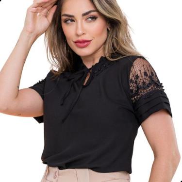 Imagem de Blusa Social Evangélica Feminina Guipir Renda Gola Pérolas Cor:PretoTa
