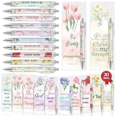 Imagem de 30 conjuntos de canetas de versículo bíblico cristão presentes a granel com marcadores, canetas de escrituras inspiradoras, canetas esferográficas religiosas com design floral de tinta preta para