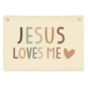 Imagem de Faixa de parede Jesus Loves Me, versículo da Bíblia, bandeira para pendurar na parede, decoração para quarto de bebê, sala de aula, berçário, faixa de lona de linho inspiradora Boho para decoração de