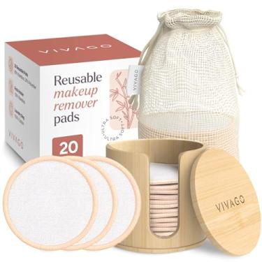 Imagem de VIVAGO Almofadas reutilizáveis para remoção de maquiagem – 20 peças de algodão orgânico macio com saco de roupa lavável com cordão e suporte de bambu – Conjunto para todos os tipos de pele com pano de limpeza facial