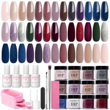 Imagem de AZUREBEAUTY Kit de unhas em pó para iniciantes 20 cores marrom nude glitter roxo azul conjunto líquido com ativador de camada superior/base para arte de unhas francesas, manicure faça você mesmo,
