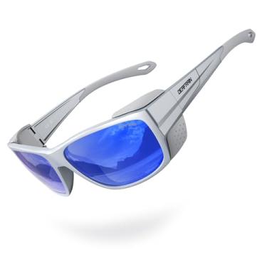 Imagem de DEAFRAIN Óculos de sol esportivos polarizados para homens e mulheres com proteção lateral removível para caminhadas, esqui, escalada, proteção UV, Armação: Metal prateado / Lente: Azul profundo