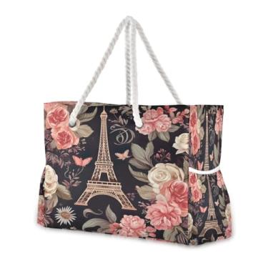 Imagem de Wassud Bolsa de praia romântica Eiffel grande para mulheres, impermeável, à prova de areia, bolsa de viagem com zíper e bolso para piscina, academia, acampamento