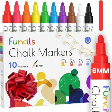 Imagem de Funcils 10 canetas neon giz – vidro, carro, espelho – ponta de tinta de 6 mm, lavável, apagável, tinta para quadro de giz apagável a seco