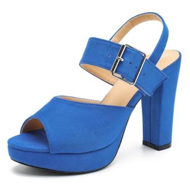 Imagem de Enelauge Sandália feminina plataforma de salto alto grossa peep toe tira no tornozelo fivela salto bloco vestido noiva casamento festa noite sapatos, Camurça azul royal, 41