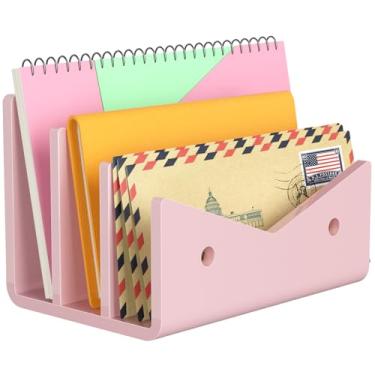Imagem de Rulyyo Porta-envelope organizador de correio - 3 compartimentos rosa acrílico suporte de correio bancada organizador de mesa vertical pequeno arquivo de notas de documentos, caderno de notas