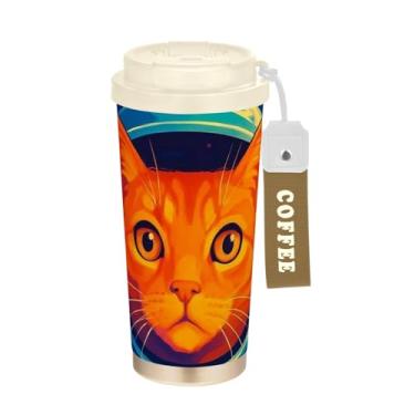 Imagem de Caneca de viagem de café 40 ml com canudo e tampa, revestimento cerâmico, isolamento a vácuo, paredes duplas, capacete de traje espacial vibrante para gatos