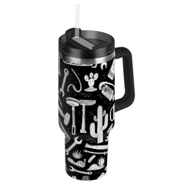 Imagem de Joisal Copo de 1,134 g com alça de aço inoxidável com tampa e canudo rosa fofo copo de garrafa de água isolado para ferramentas quentes e frias DIY monocromático