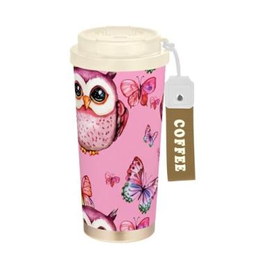 Imagem de Caneca de viagem de café 40 ml com canudo e tampa, caneca de café de aço inoxidável à prova de vazamento para escritório, escola, festa, acampamento, corujas fofas em aquarela rosa animal