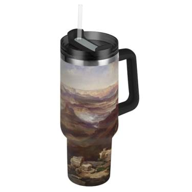 Imagem de Joisal Copos de aço inoxidável com tampas e canudo Thomas Moran American Grand Canyon Colorado River Car Copo de café feminino com alça Garrafas de água isoladas de 1,134 g