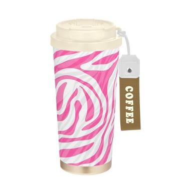Imagem de TSENQUE Caneca de café de viagem de 473 ml com tampa de canudo e filp, copo de parede dupla isolado a vácuo com revestimento cerâmico, listras de zebra, rosa e branco