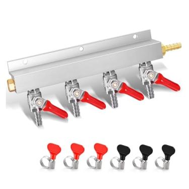 Imagem de Coletor de gás CO2 de 4 vias Distribuidor de gás CO2, barril de cerveja barril de gás divisor de CO2 Kegerator coletor de gás O.D 5/40.6 cm encaixe de farpa adequado para linhas de gás ID 5/40.6 cm