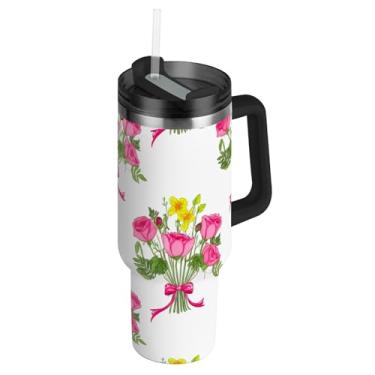 Imagem de Copo com alça 850 g Copos de aço inoxidável com tampas e canudo Garrafas de água à prova de vazamento Garrafa de água isolada para copo de carro buquês flores rosa primavera