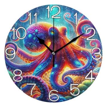 Imagem de GAIGEO Relógio de parede analógico decorativo redondo sem tique-taque silencioso relógio de cozinha de escritório, decoração de parede vintage, sala de estar, polvo crepúsculo azul brilhante, 25 cm