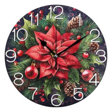 Imagem de GAIGEO Relógio de parede analógico decorativo relógio de cozinha rústico operado por bateria silencioso, arte de parede boho, decoração de casa, flor floral de Natal vermelha, Natal, 25 cm, ponteiros