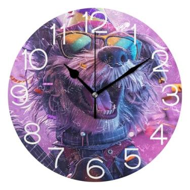 Imagem de Relógio de parede analógico decorativo escritório cozinha relógio operado por bateria silencioso, decoração de sala de estar arte moderna engraçado cachorro tocar guitarra, 25 cm, ponteiros pretos