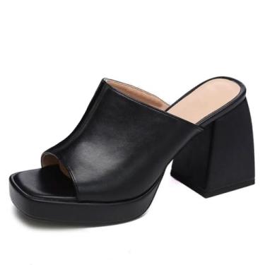 Imagem de Coutgo Sandália feminina de plataforma grossa sem cadarço bico quadrado salto alto sexy Mules, Preto, 7.5