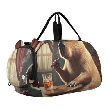Imagem de Bolsa esportiva retrô para meninos, bússola de polvo, arte infantil, bolsas de viagem para meninas, Lindo salão de uísque Capybara, Clássico