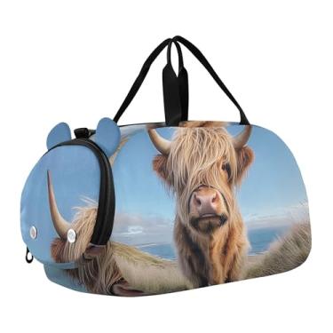 Imagem de Bolsa esportiva mística de gato preto com flores tropicais para meninas, bolsa de viagem noturna, com alça de ombro para meninos, Cute Highland Cow Scottish Countryside, Clássico
