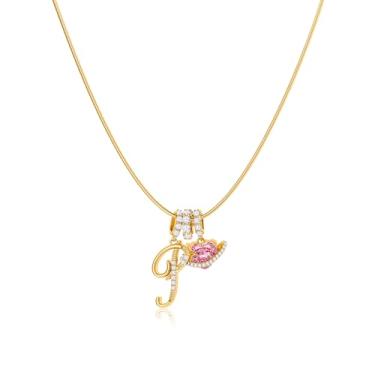 Imagem de Robaice Colar feminino banhado a ouro 14 K, pingente de letra de coração planeta rosa com corrente redonda de espinha de peixe, joia que não mancha. Presente para ela, 16'' + 2'' extender, Metal, Sem