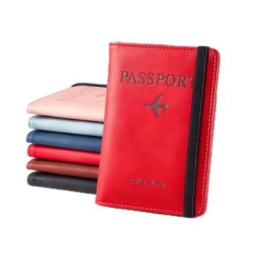 Imagem de Carteira de passaporte e porta-cartão com bloqueio de RFID, couro fino antifurto multifuncional para viagem, capa fina e leve, Vermelho, Moderno