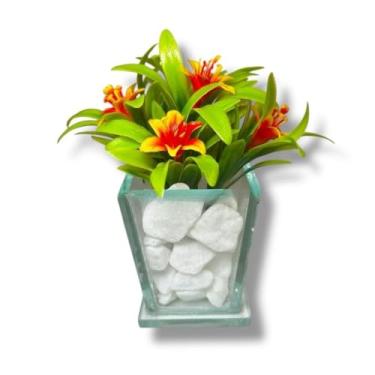 Imagem de Kit de Arranjos Mini Lírio Variado no Vaso de Vidro + Pedras Brancas arranjo de flores artificiais com vaso，arranjo de mesa de jantar(LARANJA,4 UNIDADES)