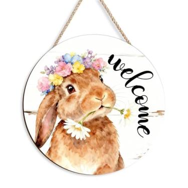 Imagem de Kercan Placa de porta de decoração de Páscoa, decorações religiosas de Páscoa para casa, placa de boas-vindas de primavera para porta da frente, placas de madeira para coelhinhos, decoração de ovo de