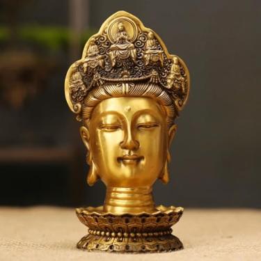 Imagem de FENNYYAR Estátua de bronze com cabeça de Buda de Bodhisattva Guanyin, 22 cm 21,8 cm, enfeite de adoração de templo de artesanato em casa sala de estar