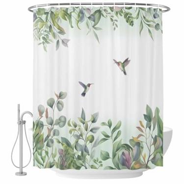 Imagem de Cortina de chuveiro de folha de beija-flor aquarela, conjunto de cortinas de banheiro de tecido impermeável verde branco lavável na máquina